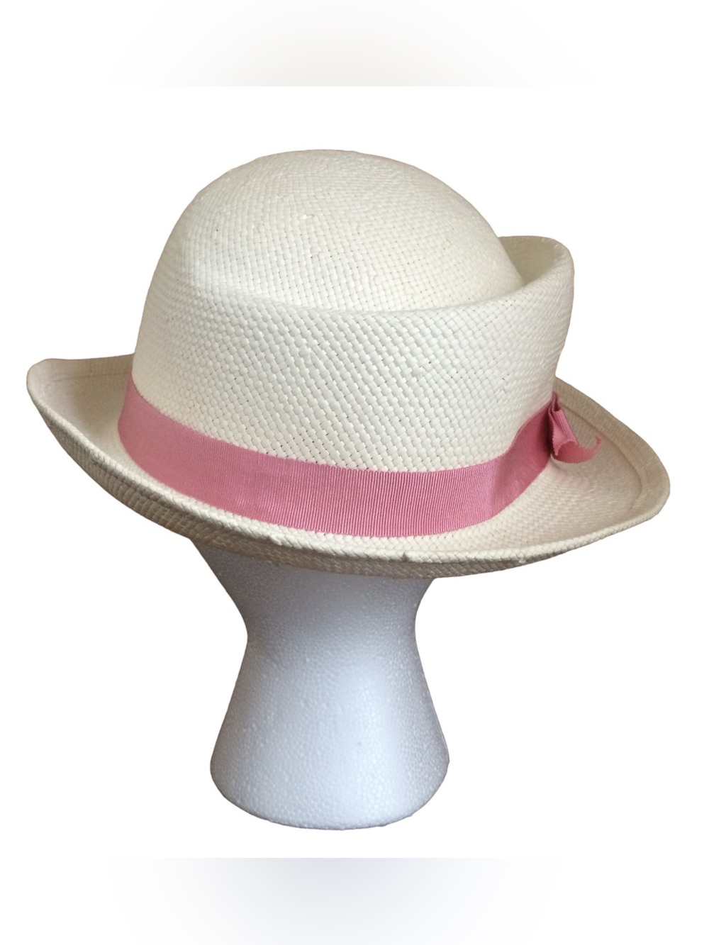 Eaton Cream Straw cloche-style/ Panama Hat with Pink Ribbon trim 21 1/2” - Picture 4 of 9